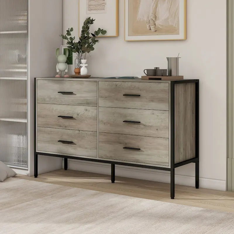 Cómoda de madera con 6 cajones, armario de almacenamiento de madera para dormitorio, armario de ropa macizo con estructura de acero resistente