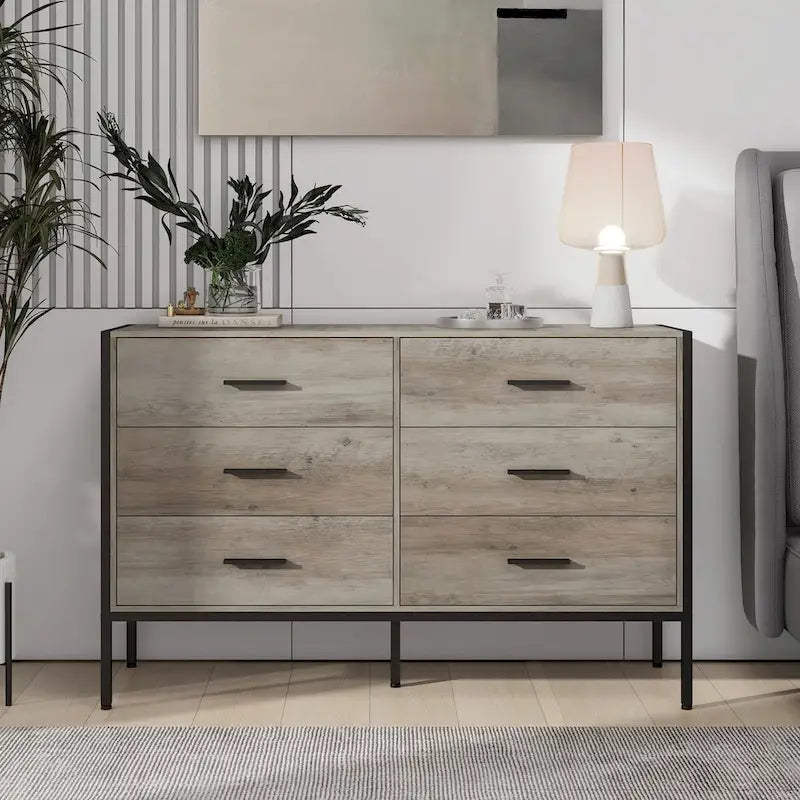 Cómoda de madera con 6 cajones, armario de almacenamiento de madera para dormitorio, armario de ropa macizo con estructura de acero resistente