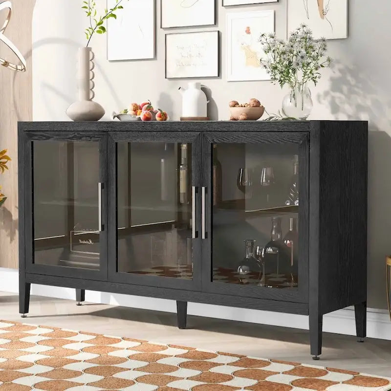 Armario de almacenamiento de madera con tres puertas de vidrio templado y estante ajustable, adecuado para sala de estar, estudio y entrada