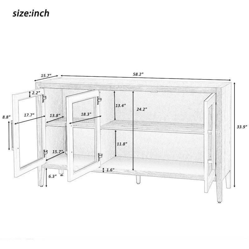 Armario de almacenamiento de madera con tres puertas de vidrio templado y estante ajustable, adecuado para sala de estar, estudio y entrada