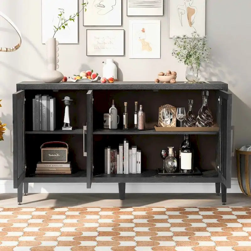 Armario de almacenamiento de madera con tres puertas de vidrio templado y estante ajustable, adecuado para sala de estar, estudio y entrada