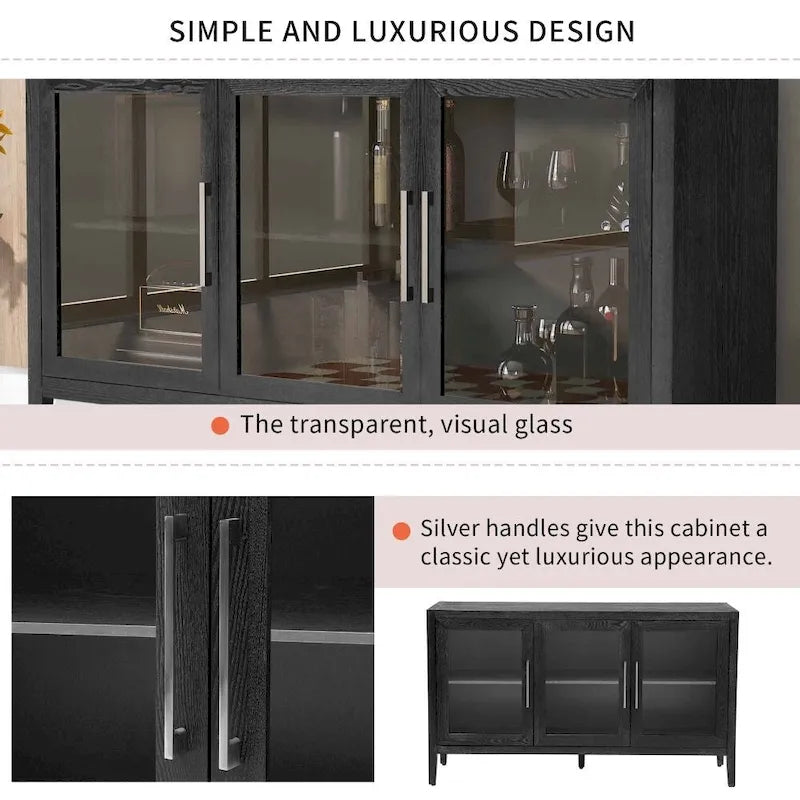Armario de almacenamiento de madera con tres puertas de vidrio templado y estante ajustable, adecuado para sala de estar, estudio y entrada