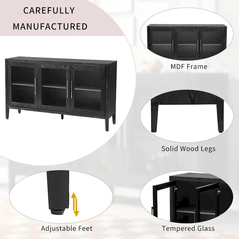 Armario de almacenamiento de madera con tres puertas de vidrio templado y estante ajustable, adecuado para sala de estar, estudio y entrada