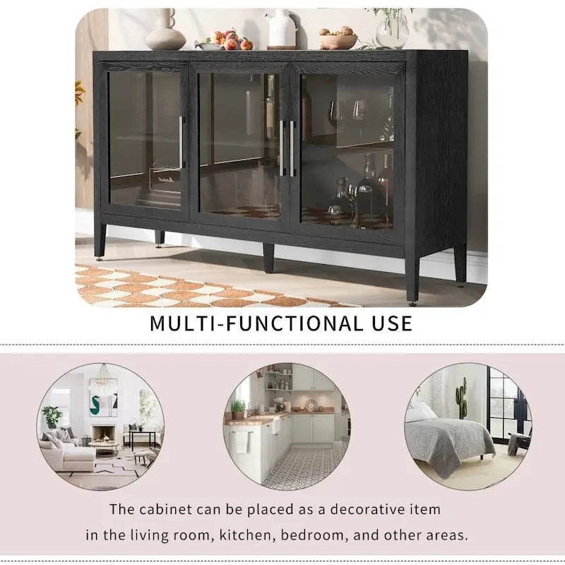 Armario de almacenamiento de madera con tres puertas de vidrio templado y estante ajustable, adecuado para sala de estar, estudio y entrada