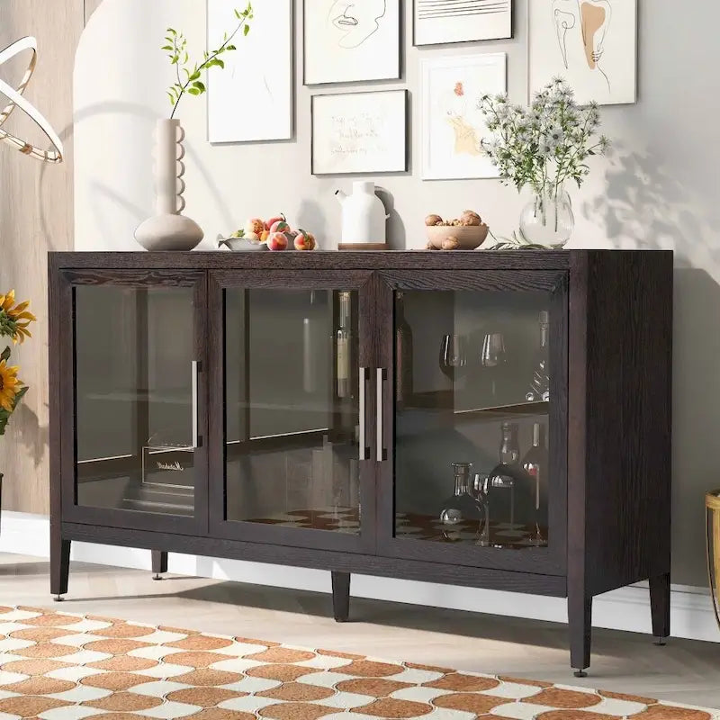 Armario de almacenamiento de madera con tres puertas de vidrio templado y estante ajustable, adecuado para sala de estar, estudio y entrada