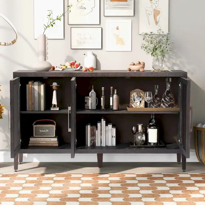 Armario de almacenamiento de madera con tres puertas de vidrio templado y estante ajustable, adecuado para sala de estar, estudio y entrada