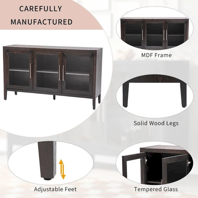 Armario de almacenamiento de madera con tres puertas de vidrio templado y estante ajustable, adecuado para sala de estar, estudio y entrada