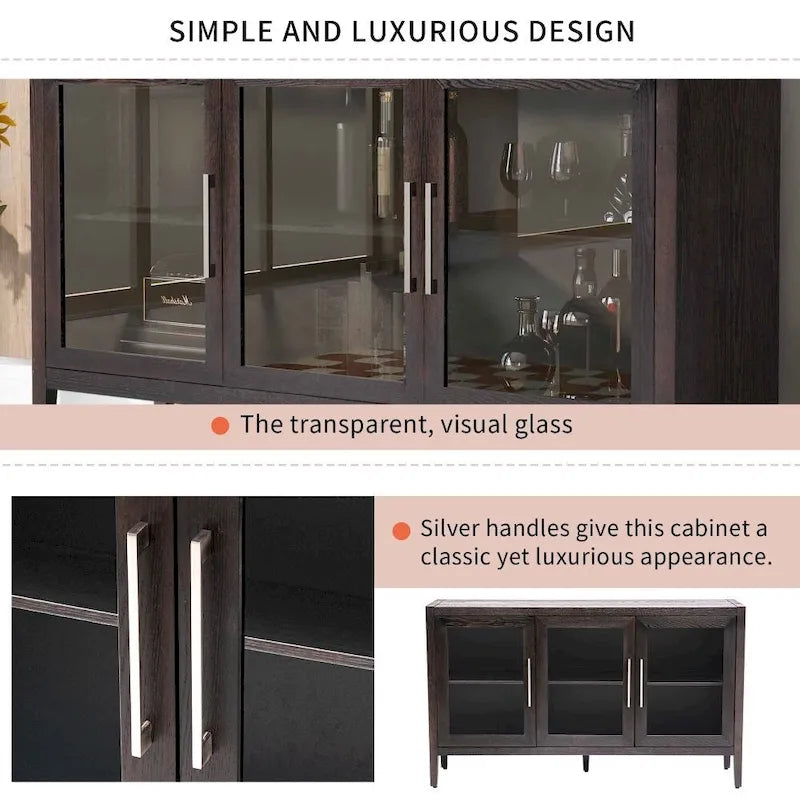 Armario de almacenamiento de madera con tres puertas de vidrio templado y estante ajustable, adecuado para sala de estar, estudio y entrada