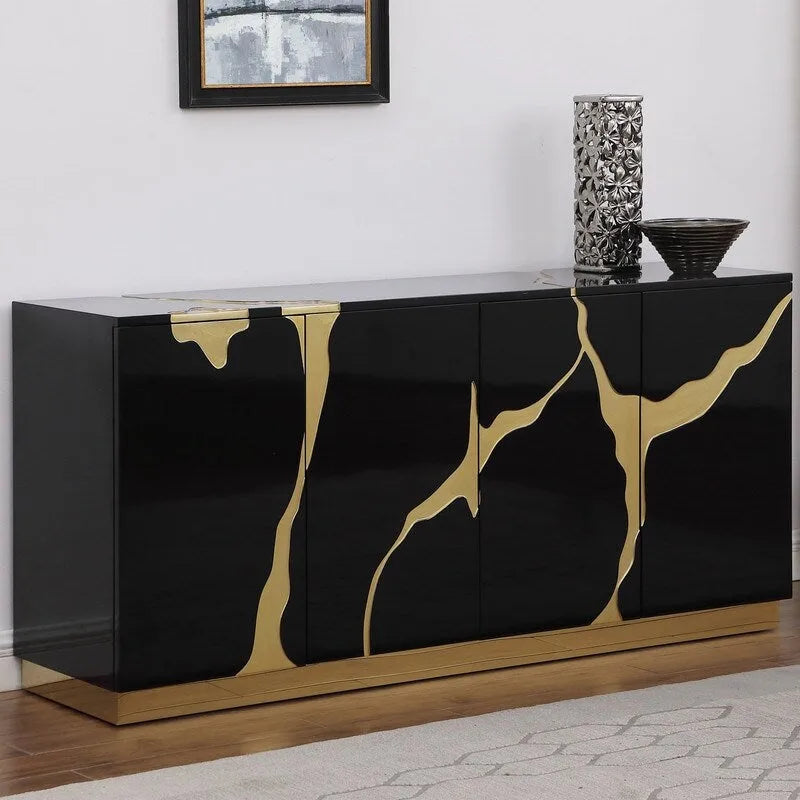 Aparador de 4 puertas con acabado lacado de alto brillo de 168 cm y estantes ajustables