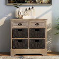 Mueble de almacenamiento de madera maciza con dos cajones y cuatro cestas de ratán, no requiere montaje