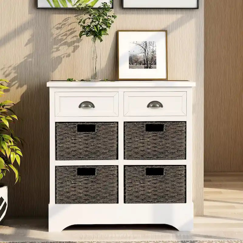 Mueble de almacenamiento de madera maciza con dos cajones y cuatro cestas de ratán, no requiere montaje