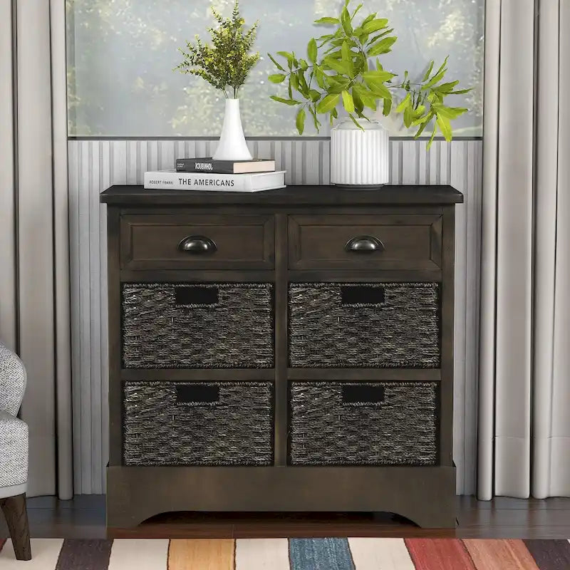 Mueble de almacenamiento de madera maciza con dos cajones y cuatro cestas de ratán, no requiere montaje