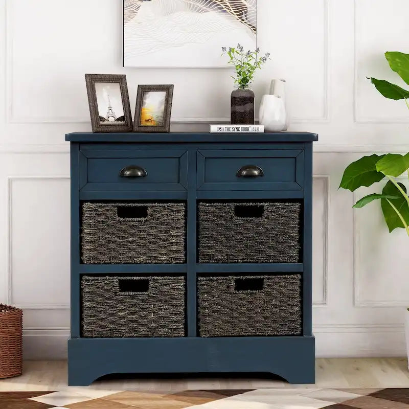 Mueble de almacenamiento de madera maciza con dos cajones y cuatro cestas de ratán, no requiere montaje