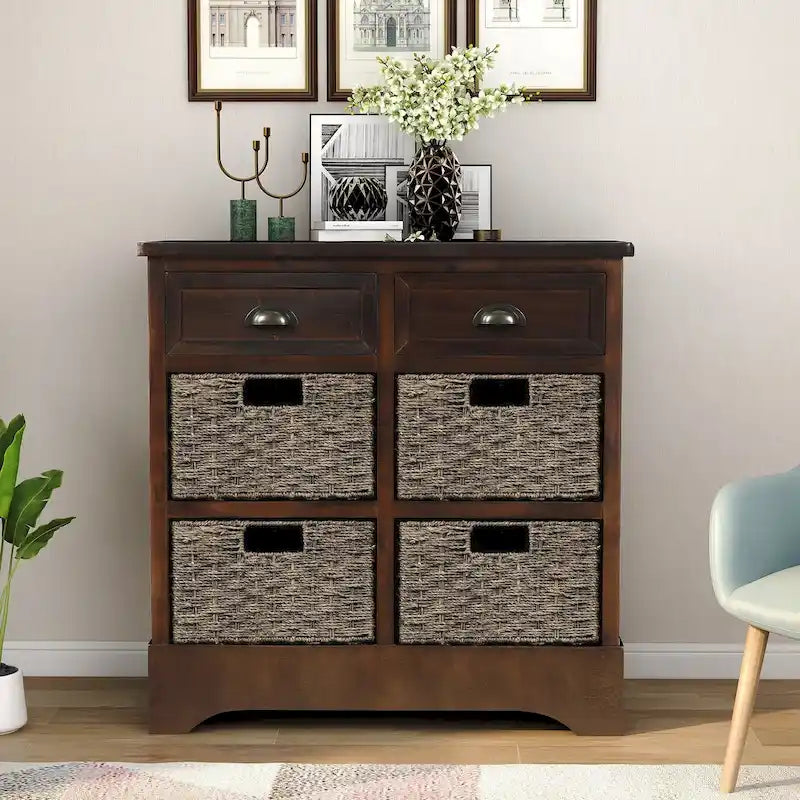 Mueble de almacenamiento de madera maciza con dos cajones y cuatro cestas de ratán, no requiere montaje
