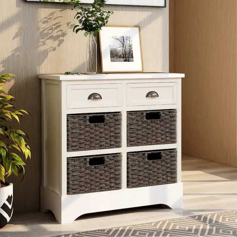 Mueble de almacenamiento de madera maciza con dos cajones y cuatro cestas de ratán, no requiere montaje