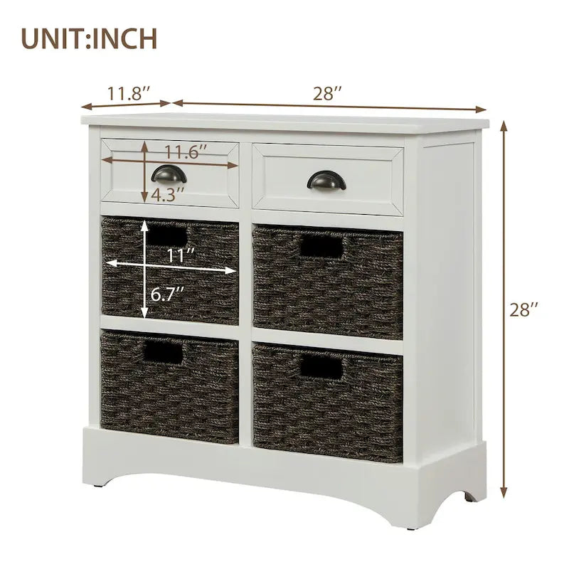 Mueble de almacenamiento de madera maciza con dos cajones y cuatro cestas de ratán, no requiere montaje