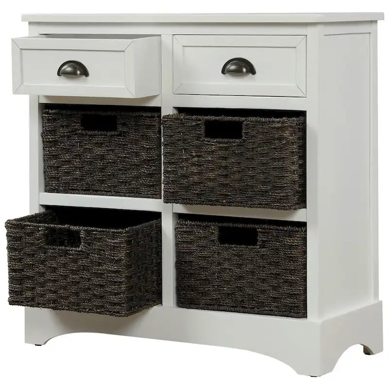 Mueble de almacenamiento de madera maciza con dos cajones y cuatro cestas de ratán, no requiere montaje