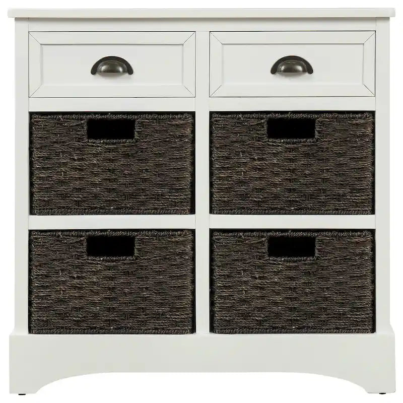 Mueble de almacenamiento de madera maciza con dos cajones y cuatro cestas de ratán, no requiere montaje