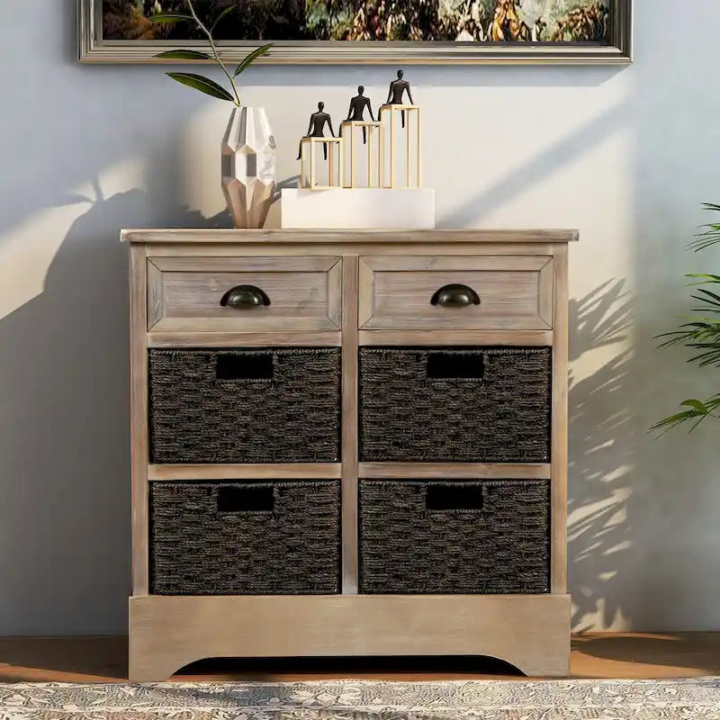 Mueble de almacenamiento de madera maciza con dos cajones y cuatro cestas de ratán, no requiere montaje