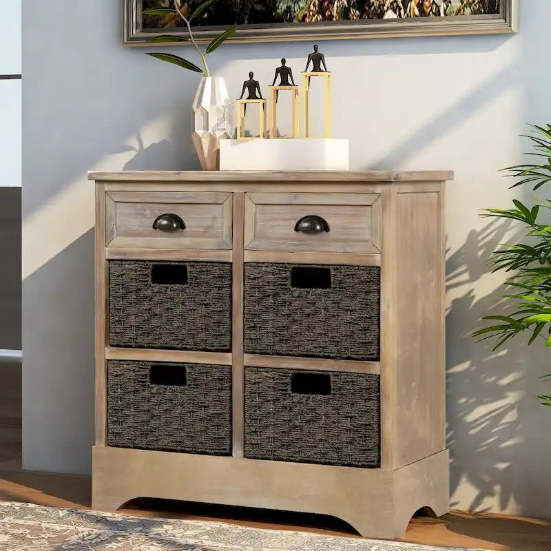 Mueble de almacenamiento de madera maciza con dos cajones y cuatro cestas de ratán, no requiere montaje