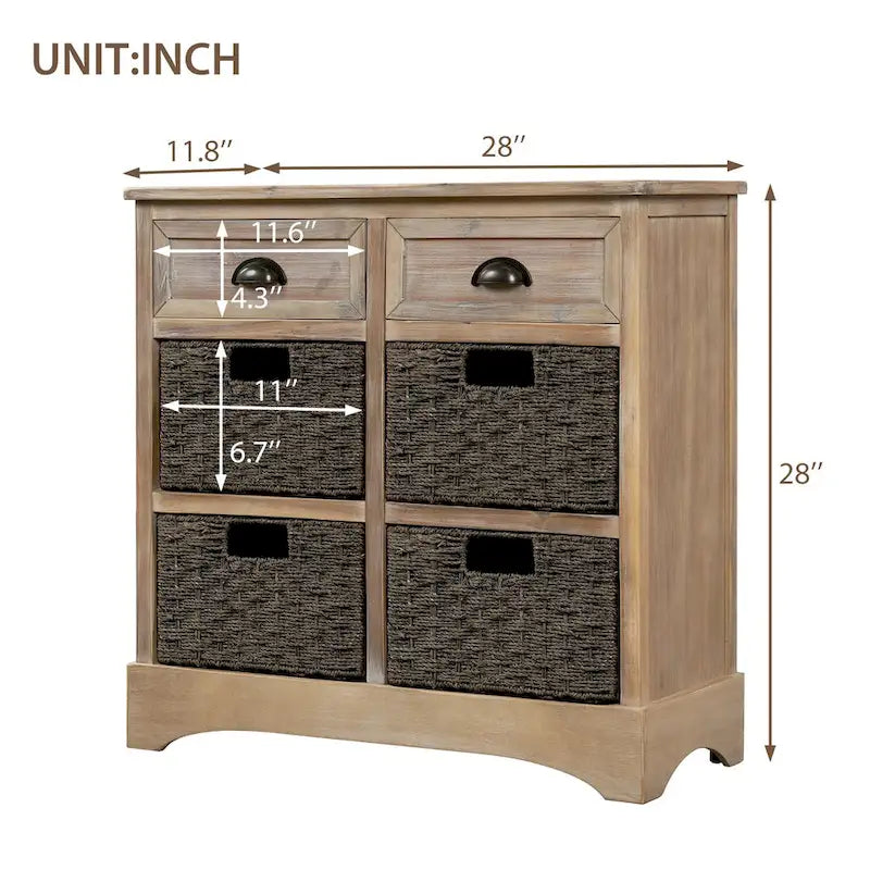 Mueble de almacenamiento de madera maciza con dos cajones y cuatro cestas de ratán, no requiere montaje