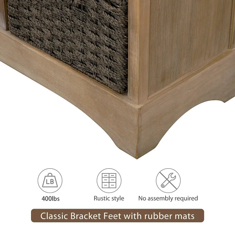 Mueble de almacenamiento de madera maciza con dos cajones y cuatro cestas de ratán, no requiere montaje