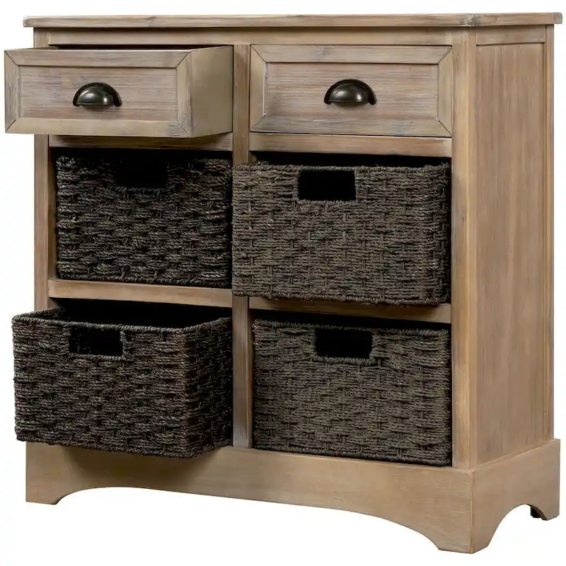 Mueble de almacenamiento de madera maciza con dos cajones y cuatro cestas de ratán, no requiere montaje
