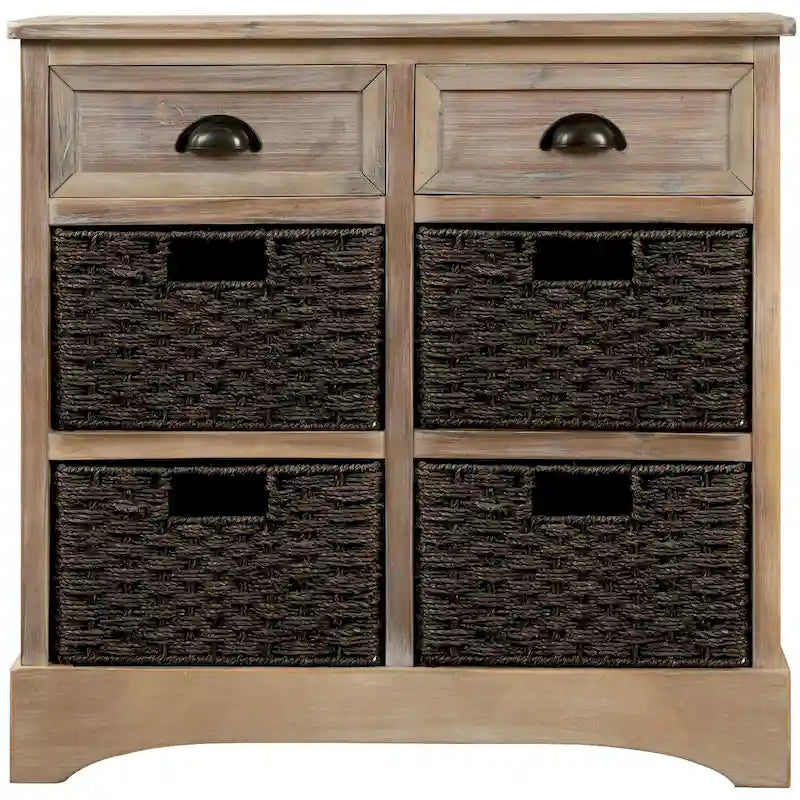Mueble de almacenamiento de madera maciza con dos cajones y cuatro cestas de ratán, no requiere montaje