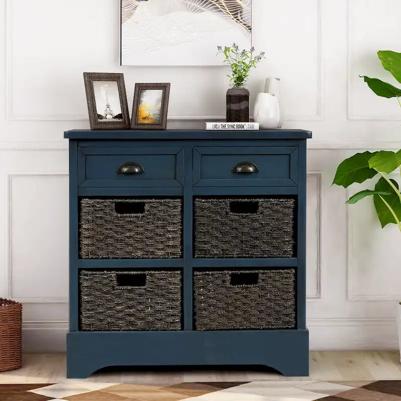 Mueble de almacenamiento de madera maciza con dos cajones y cuatro cestas de ratán, no requiere montaje