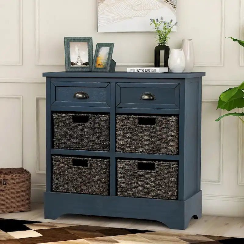 Mueble de almacenamiento de madera maciza con dos cajones y cuatro cestas de ratán, no requiere montaje