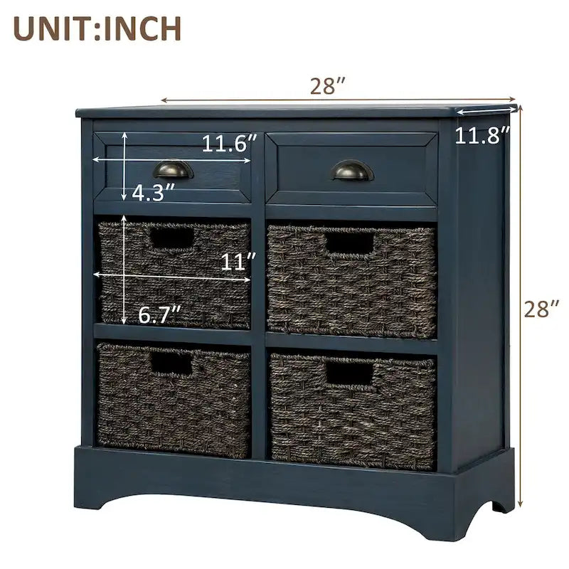 Mueble de almacenamiento de madera maciza con dos cajones y cuatro cestas de ratán, no requiere montaje