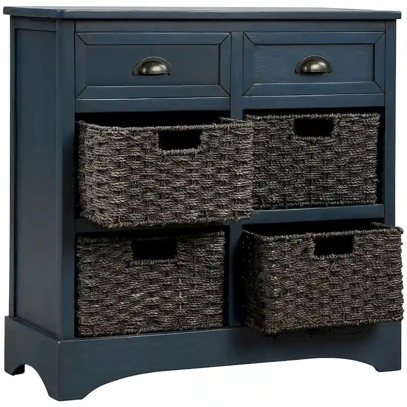 Mueble de almacenamiento de madera maciza con dos cajones y cuatro cestas de ratán, no requiere montaje