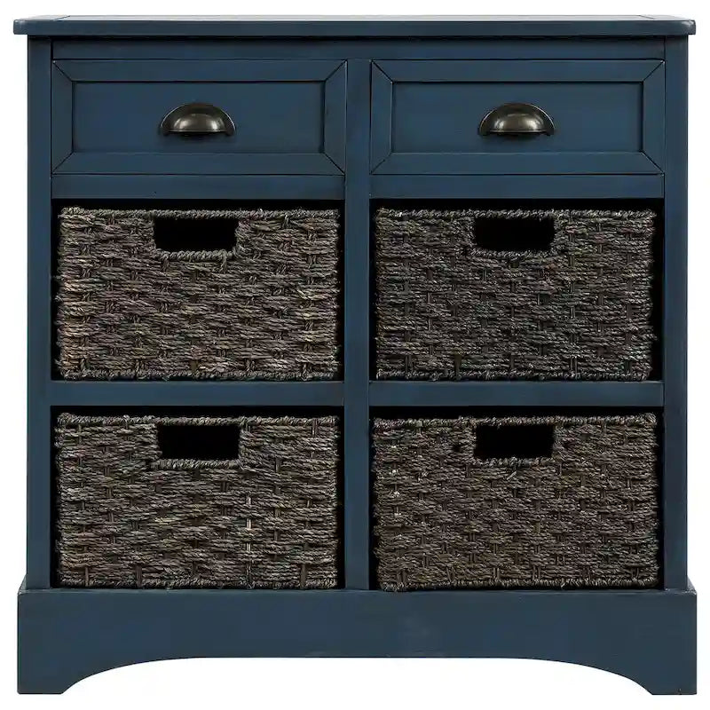 Mueble de almacenamiento de madera maciza con dos cajones y cuatro cestas de ratán, no requiere montaje