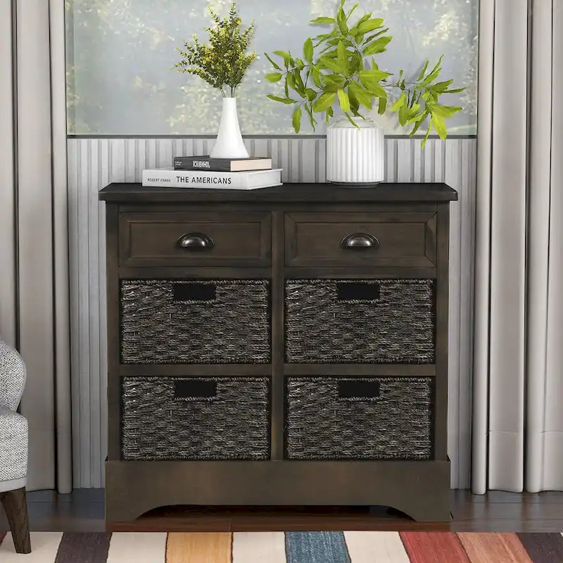 Mueble de almacenamiento de madera maciza con dos cajones y cuatro cestas de ratán, no requiere montaje