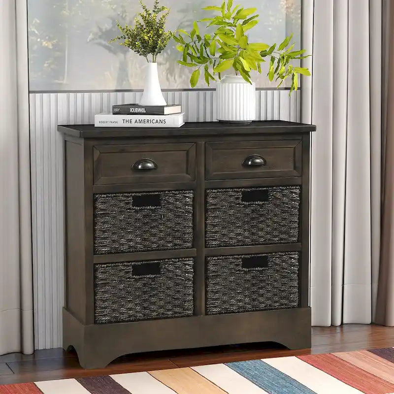 Mueble de almacenamiento de madera maciza con dos cajones y cuatro cestas de ratán, no requiere montaje