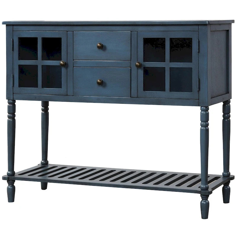 Mesa consola aparador con estante inferior y aparador de almacenamiento de madera/vidrio estilo granja - 42L x 14W x 34.2H