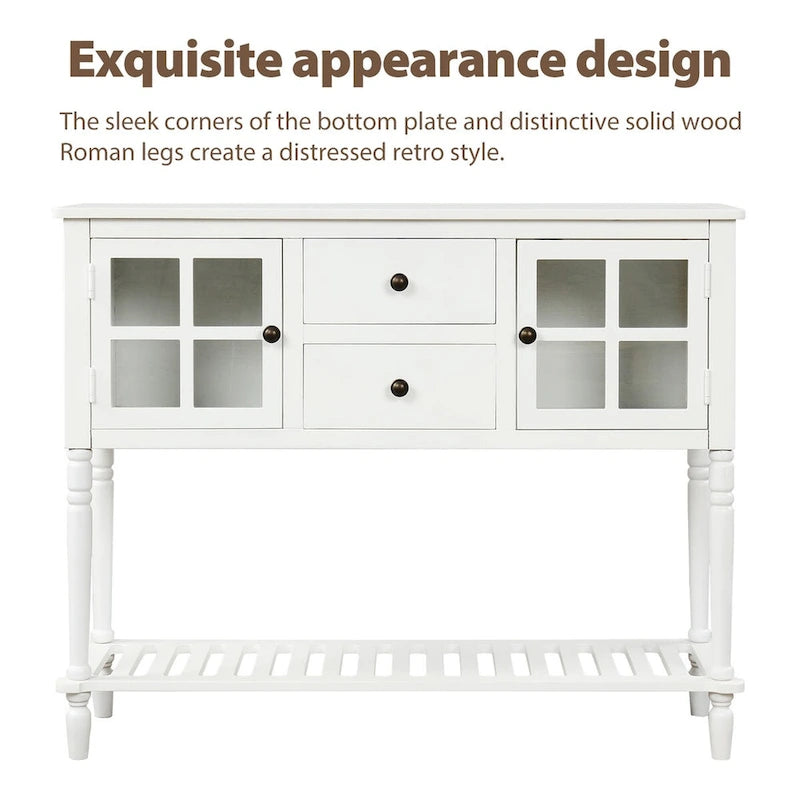 Mesa consola aparador con estante inferior y aparador de almacenamiento de madera/vidrio estilo granja - 42L x 14W x 34.2H