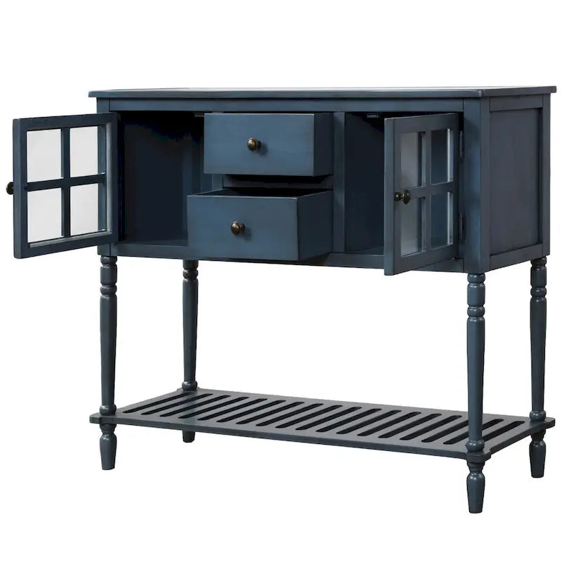 Mesa consola aparador con estante inferior y aparador de almacenamiento de madera/vidrio estilo granja - 42L x 14W x 34.2H