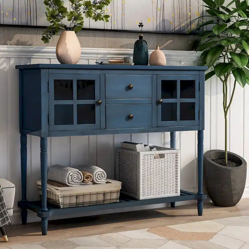 Mesa consola aparador con estante inferior y aparador de almacenamiento de madera/vidrio estilo granja - 42L x 14W x 34.2H