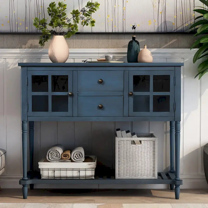 Mesa consola aparador con estante inferior y aparador de almacenamiento de madera/vidrio estilo granja - 42L x 14W x 34.2H