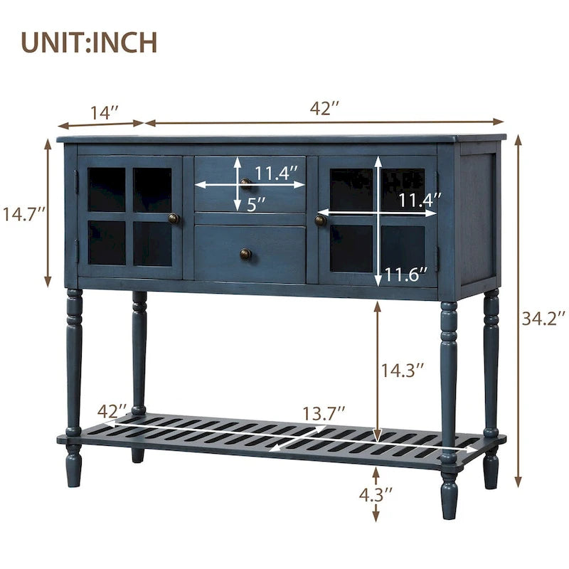 Mesa consola aparador con estante inferior y aparador de almacenamiento de madera/vidrio estilo granja - 42L x 14W x 34.2H