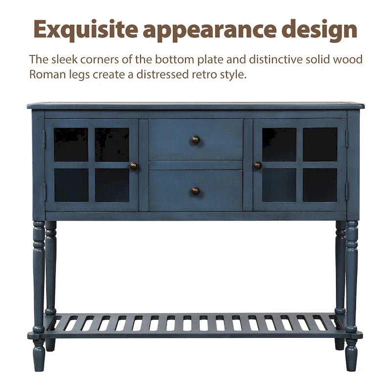 Mesa consola aparador con estante inferior y aparador de almacenamiento de madera/vidrio estilo granja - 42L x 14W x 34.2H