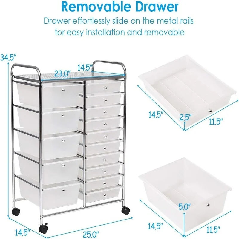 Carrito de almacenamiento rodante de 15 cajones - 14.5D x 25W x 34.5H