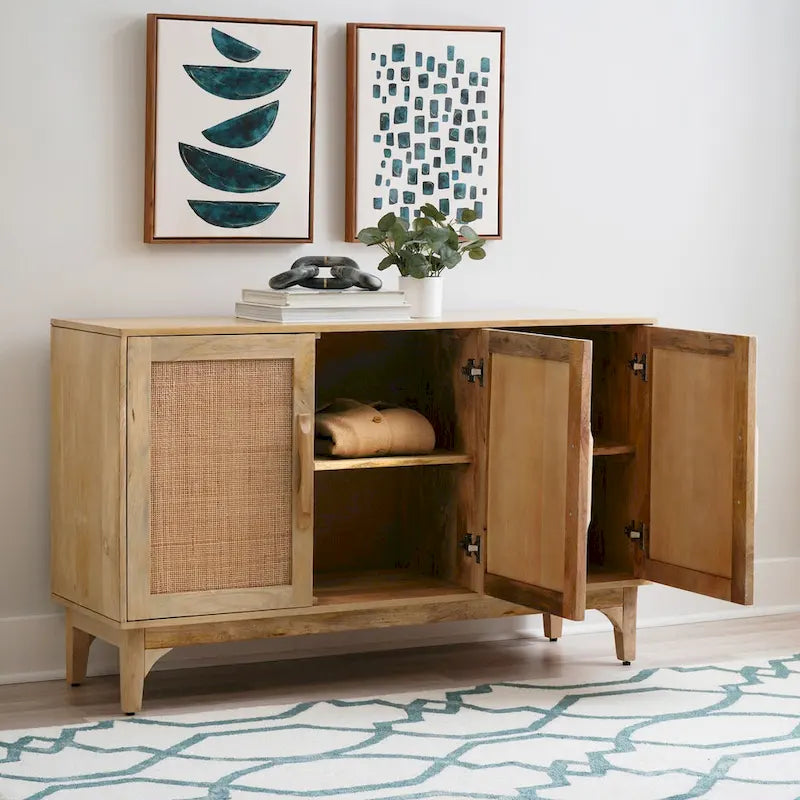 Armario de 3 puertas de madera de mango natural Spence con rejilla de caña