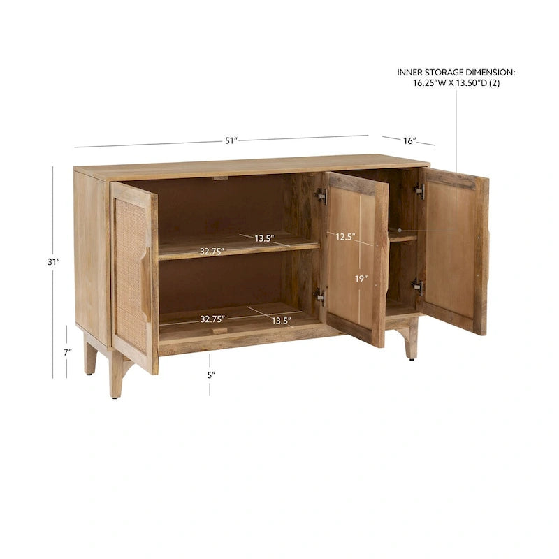 Armario de 3 puertas de madera de mango natural Spence con rejilla de caña