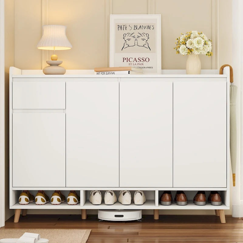 Zapatero con estantes ajustables, organizador minimalista para el hogar con patas de madera maciza, aparador de almacenamiento