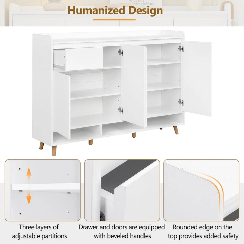 Zapatero con estantes ajustables, organizador minimalista para el hogar con patas de madera maciza, aparador de almacenamiento