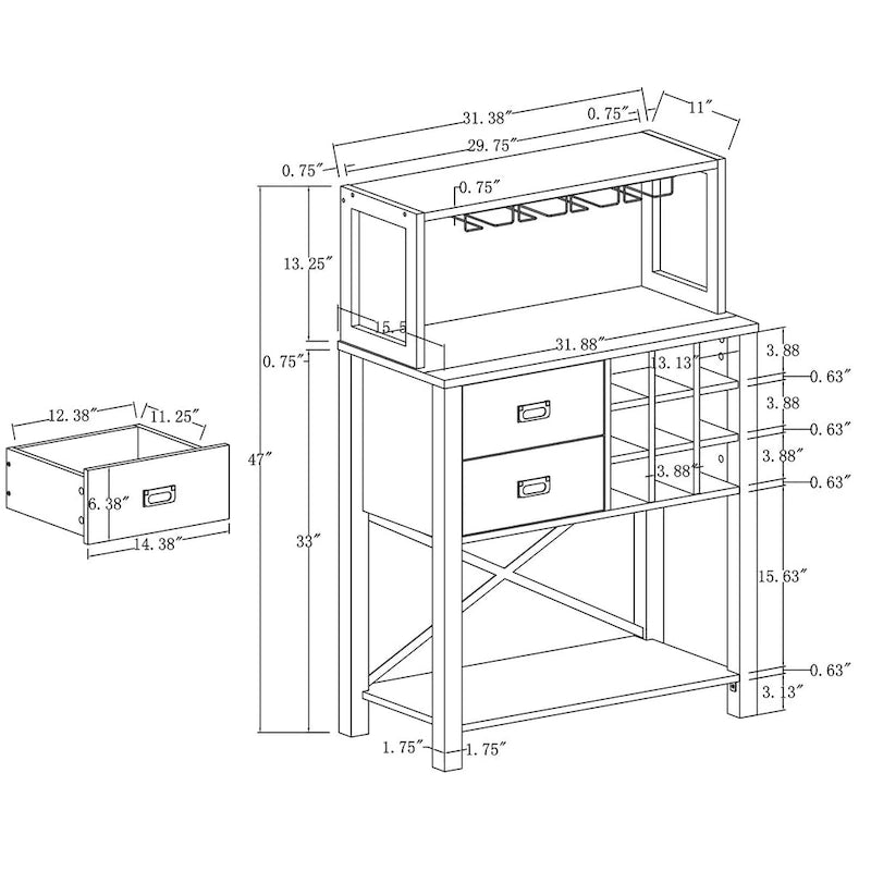 Mueble buffet de madera de 32 pulg. con botellero - Capacidad para 9 botellas