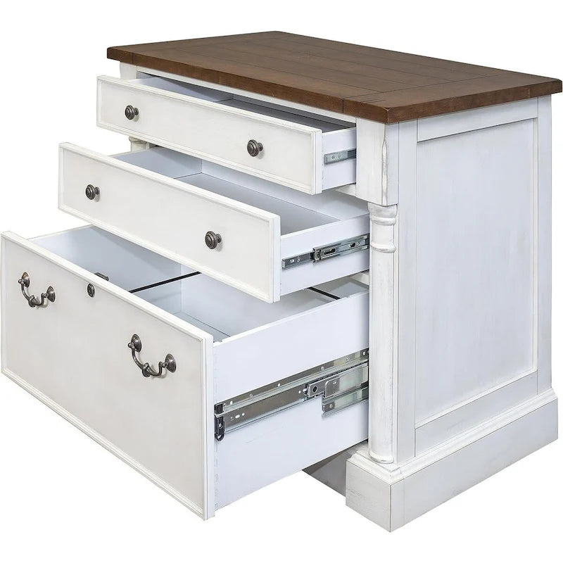 Archivador lateral de madera rústica con cajón archivador legal/carta con cerradura, armario de almacenamiento, blanco