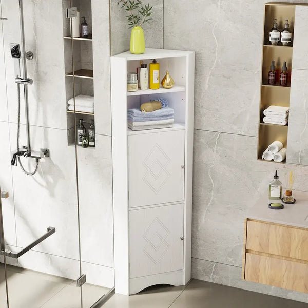 Mueble esquinero de baño con puertas y estantes ajustables